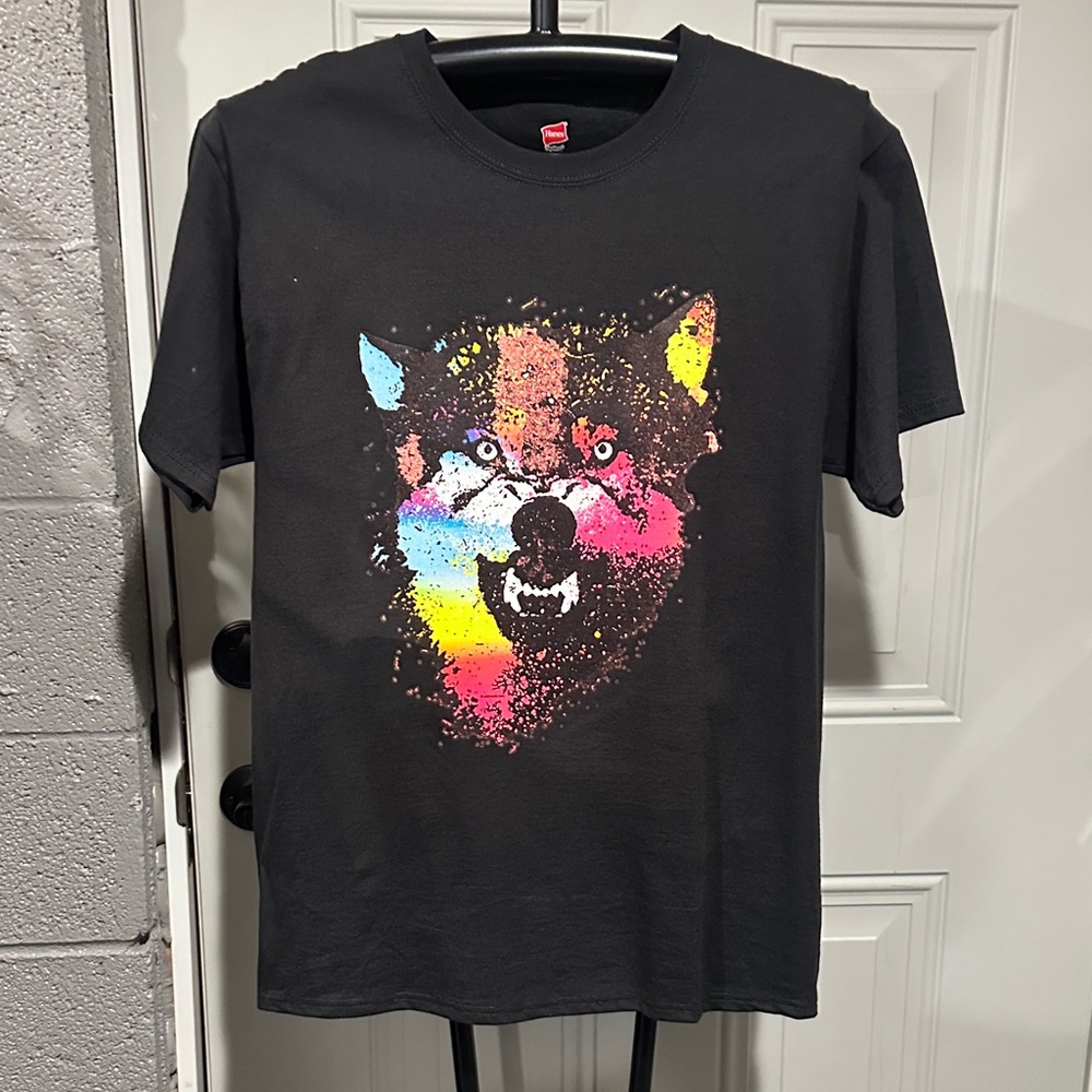 Hanes Black Tee with Colorful Wolf Graphic